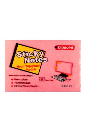 Bigpoint Yapışkanlı Not Kağıdı 75x50mm Neon Kırmızı